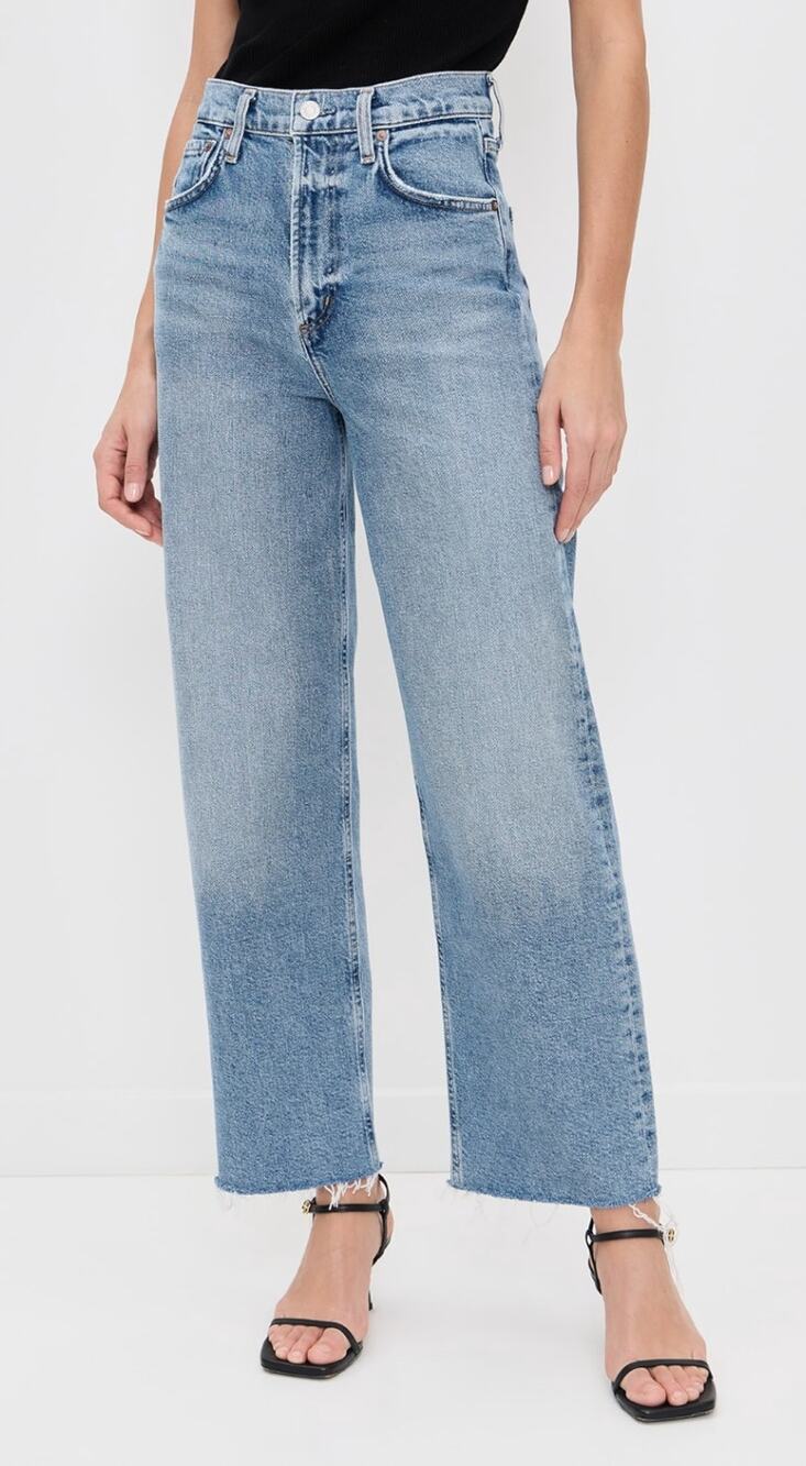 AGOLDE Ren High Rise Wide Leg Raw Hem Jeans Light Blue Wash Women's Size 25